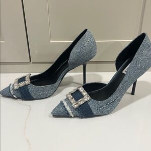 Steve Madden Denim Crystal-Buckle Pointed Toe Pumps - Blue